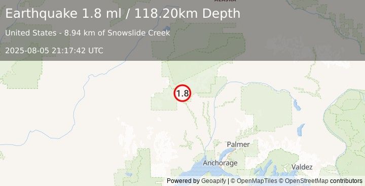 Earthquake 42 km WNW of Petersville, Alaska (1.8 ml) (2025-08-05 21:17:42 UTC)