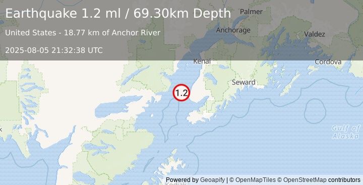 Earthquake 20 km WNW of Anchor Point, Alaska (1.2 ml) (2025-08-05 21:32:38 UTC)