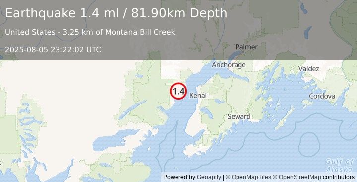 Earthquake 44 km W of Salamatof, Alaska (1.4 ml) (2025-08-05 23:22:02 UTC)
