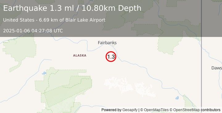 Earthquake 29 km WSW of Salcha, Alaska (1.3 ml) (2025-01-06 04:27:08 UTC)