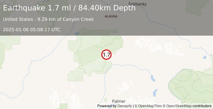 Earthquake 57 km WSW of Cantwell, Alaska (1.7 ml) (2025-01-06 05:08:27 UTC)