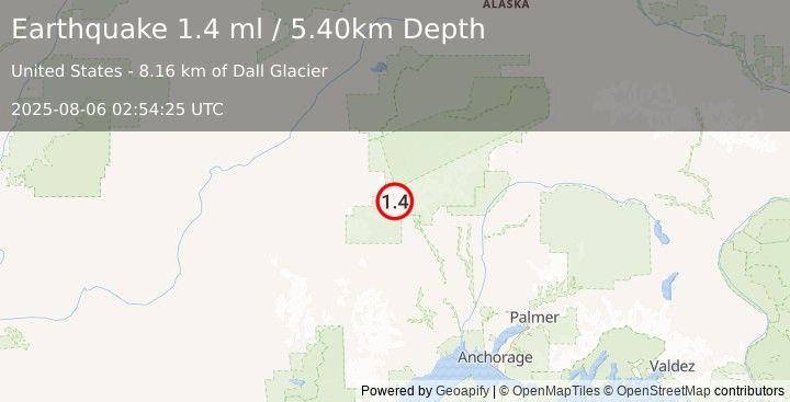Earthquake 62 km WNW of Petersville, Alaska (1.4 ml) (2025-08-06 02:54:25 UTC)