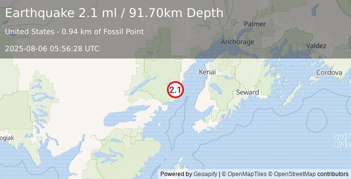 Earthquake 58 km WNW of Ninilchik, Alaska (2.1 ml) (2025-08-06 05:56:28 UTC)