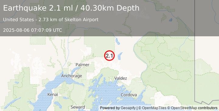 Earthquake 2 km SSE of Eureka Roadhouse, Alaska (2.1 ml) (2025-08-06 07:07:09 UTC)