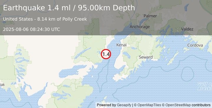 Earthquake 45 km WNW of Ninilchik, Alaska (1.4 ml) (2025-08-06 08:24:30 UTC)