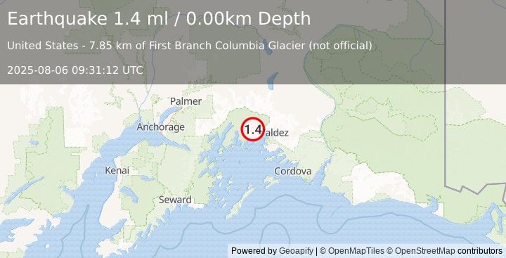 Earthquake 35 km W of Valdez, Alaska (1.4 ml) (2025-08-06 09:31:12 UTC)