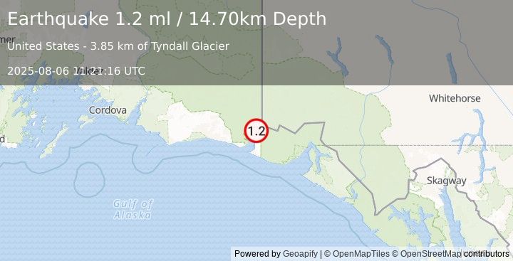 Earthquake 110 km NW of Yakutat, Alaska (1.2 ml) (2025-08-06 11:21:16 UTC)