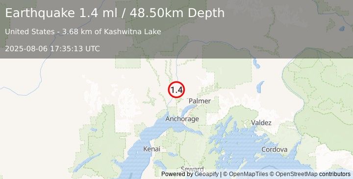 Earthquake 11 km NNW of Willow, Alaska (1.4 ml) (2025-08-06 17:35:13 UTC)