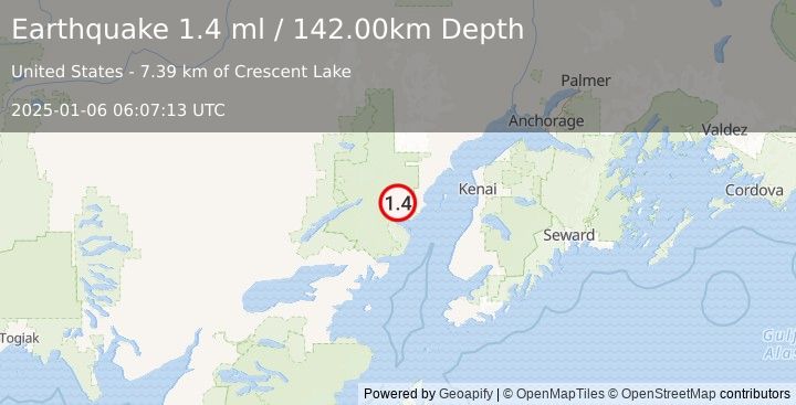 Earthquake 76 km WNW of Ninilchik, Alaska (1.4 ml) (2025-01-06 06:07:13 UTC)