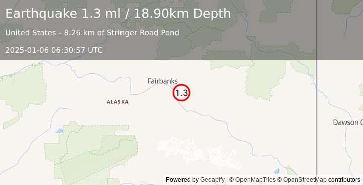 Earthquake 9 km ESE of Eielson Air Force Base, Alaska (1.3 ml) (2025-01-06 06:30:57 UTC)