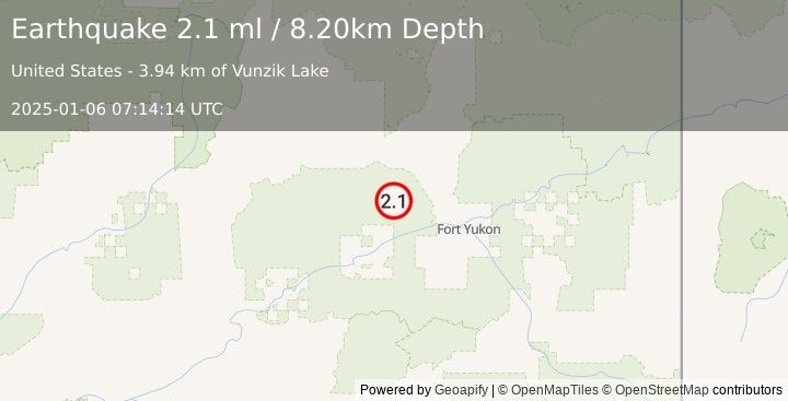 Earthquake 29 km SSW of Venetie, Alaska (2.1 ml) (2025-01-06 07:14:14 UTC)