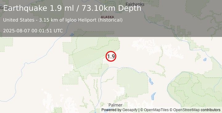 Earthquake 31 km SW of Cantwell, Alaska (1.9 ml) (2025-08-07 00:01:51 UTC)