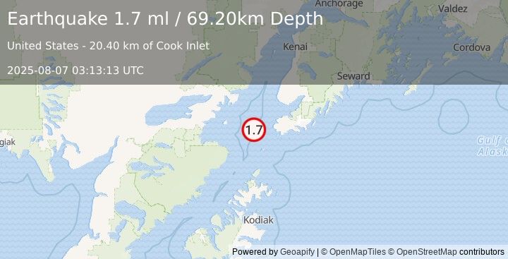 Earthquake 37 km WSW of Nanwalek, Alaska (1.7 ml) (2025-08-07 03:13:13 UTC)