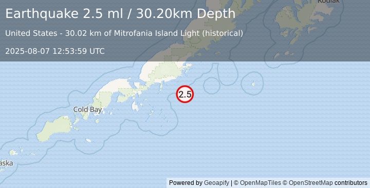 Earthquake 52 km SE of Perryville, Alaska (2.5 ml) (2025-08-07 12:53:59 UTC)
