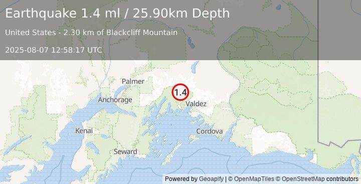 Earthquake 45 km NW of Valdez, Alaska (1.4 ml) (2025-08-07 12:58:17 UTC)