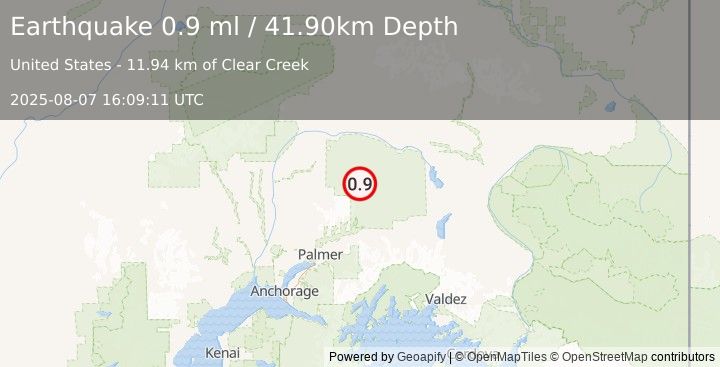 Earthquake 60 km NNE of Chickaloon, Alaska (0.9 ml) (2025-08-07 16:09:11 UTC)