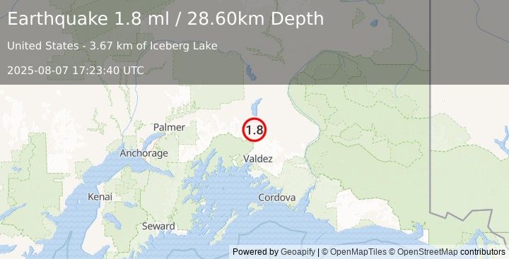 Earthquake 48 km N of Valdez, Alaska (1.8 ml) (2025-08-07 17:23:40 UTC)