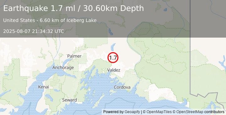 Earthquake 46 km N of Valdez, Alaska (1.7 ml) (2025-08-07 21:34:32 UTC)