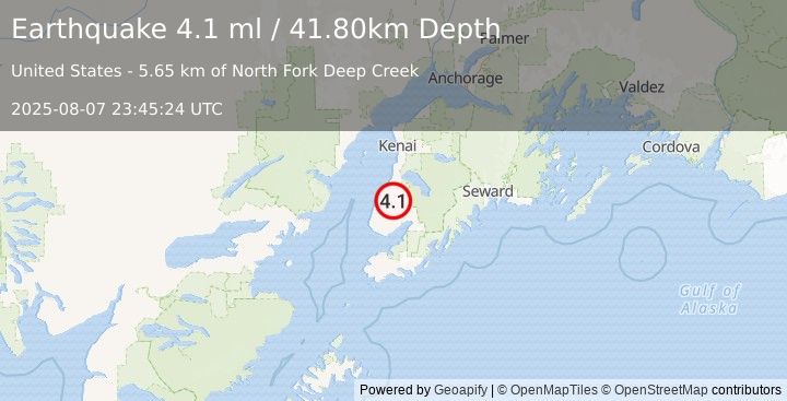 Earthquake 19 km ESE of Ninilchik, Alaska (4.1 ml) (2025-08-07 23:45:24 UTC)