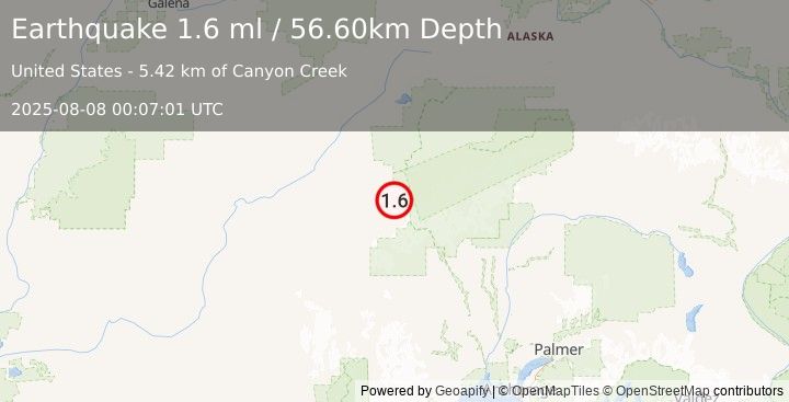 Earthquake 71 km SSW of Denali National Park, Alaska (1.6 ml) (2025-08-08 00:07:01 UTC)