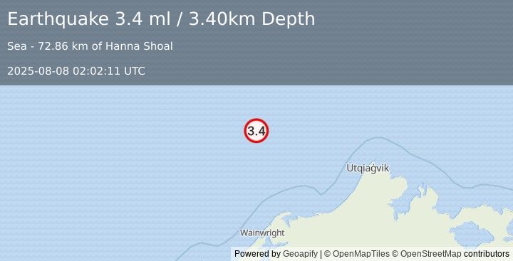 Earthquake 113 km N of Wainwright, Alaska (3.4 ml) (2025-08-08 02:02:11 UTC)