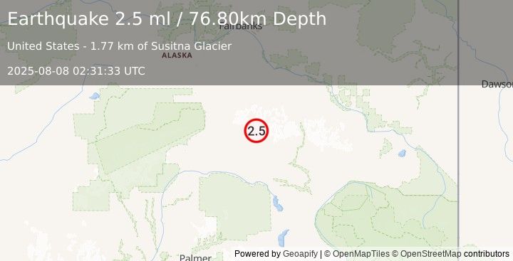 Earthquake 86 km E of Cantwell, Alaska (2.5 ml) (2025-08-08 02:31:33 UTC)
