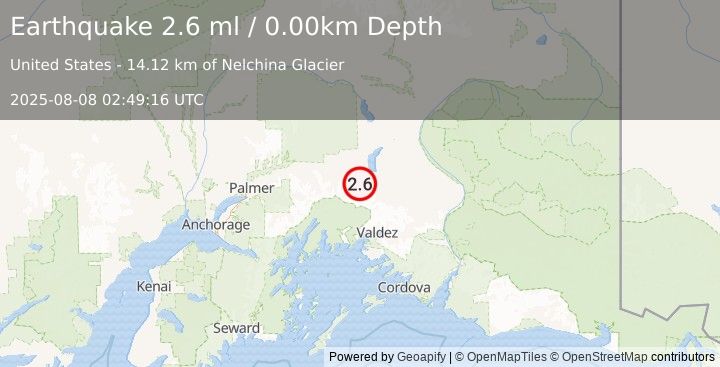 Earthquake 38 km S of Nelchina, Alaska (2.6 ml) (2025-08-08 02:49:16 UTC)