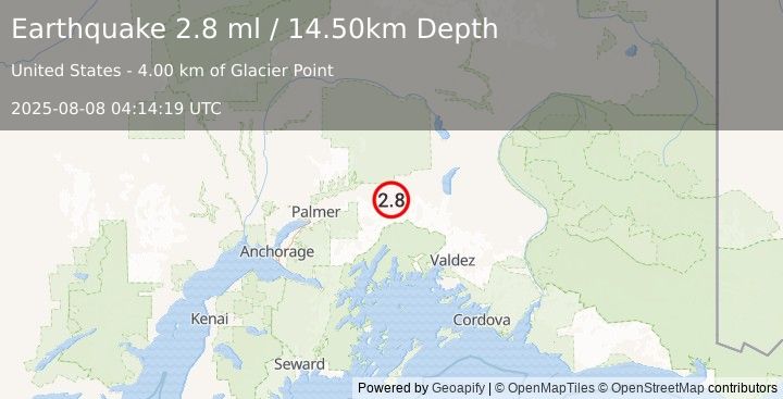 Earthquake 11 km SSE of Glacier View, Alaska (2.8 ml) (2025-08-08 04:14:19 UTC)