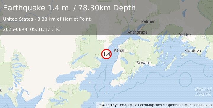 Earthquake 48 km WNW of Clam Gulch, Alaska (1.4 ml) (2025-08-08 05:31:47 UTC)