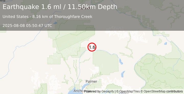Earthquake 47 km S of Cantwell, Alaska (1.6 ml) (2025-08-08 05:50:47 UTC)