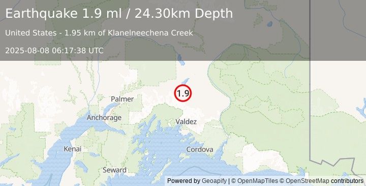 Earthquake 33 km SSE of Nelchina, Alaska (1.9 ml) (2025-08-08 06:17:38 UTC)