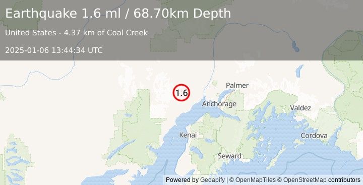 Earthquake 41 km NW of Beluga, Alaska (1.6 ml) (2025-01-06 13:44:34 UTC)