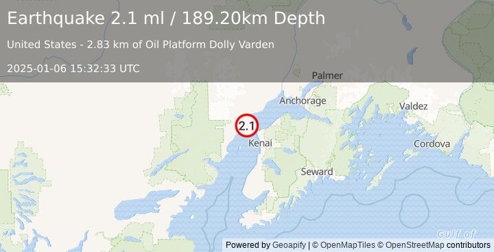 Earthquake 25 km WNW of Nikiski, Alaska (2.1 ml) (2025-01-06 15:32:33 UTC)