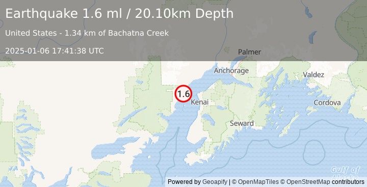 Earthquake 36 km W of Nikiski, Alaska (1.6 ml) (2025-01-06 17:41:38 UTC)