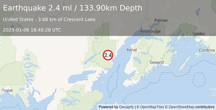 Earthquake 74 km ENE of Port Alsworth, Alaska (2.4 ml) (2025-01-06 18:40:28 UTC)