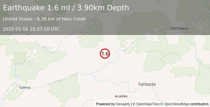 Earthquake 46 km NW of Rampart, Alaska (1.6 ml) (2025-01-06 20:37:10 UTC)