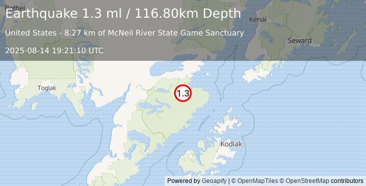 Earthquake 57 km SSE of Kokhanok, Alaska (1.3 ml) (2025-08-14 19:21:10 UTC)