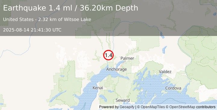 Earthquake 18 km N of Susitna, Alaska (1.4 ml) (2025-08-14 21:41:30 UTC)