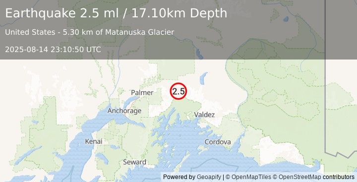 Earthquake 21 km SSE of Glacier View, Alaska (2.5 ml) (2025-08-14 23:10:50 UTC)
