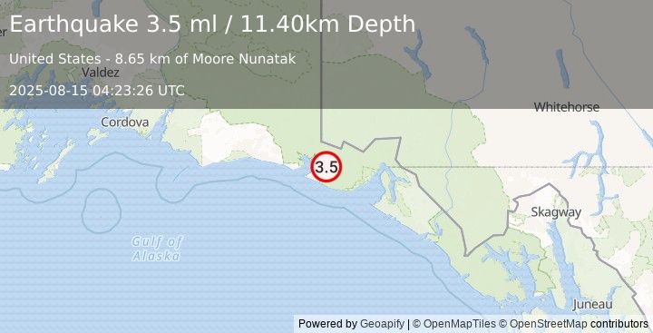 Earthquake 82 km NW of Yakutat, Alaska (3.5 ml) (2025-08-15 04:23:26 UTC)