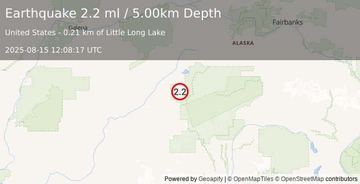 Earthquake 36 km W of Denali National Park, Alaska (2.2 ml) (2025-08-15 12:08:17 UTC)