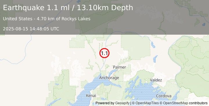 Earthquake 21 km WSW of Susitna North, Alaska (1.1 ml) (2025-08-15 14:48:05 UTC)