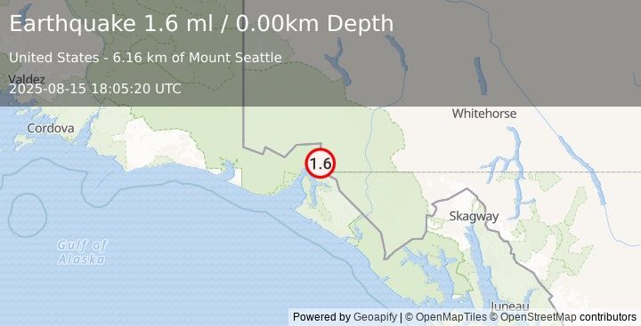 Earthquake 72 km NNE of Yakutat, Alaska (1.6 ml) (2025-08-15 18:05:20 UTC)