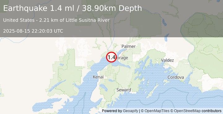 Earthquake 22 km W of Anchorage, Alaska (1.4 ml) (2025-08-15 22:20:03 UTC)