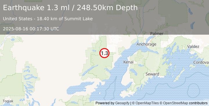 Earthquake 99 km WNW of Nikiski, Alaska (1.3 ml) (2025-08-16 00:17:30 UTC)