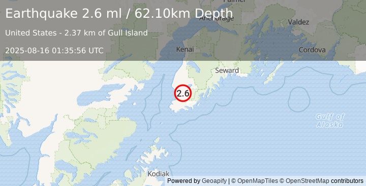 Earthquake 6 km W of Halibut Cove, Alaska (2.6 ml) (2025-08-16 01:35:56 UTC)