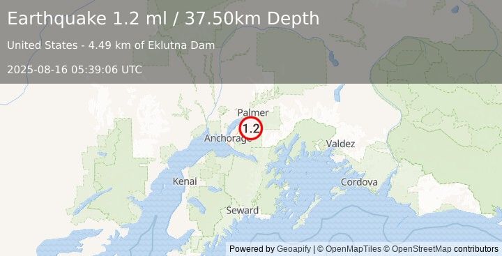 Earthquake 17 km SW of Knik River, Alaska (1.2 ml) (2025-08-16 05:39:06 UTC)