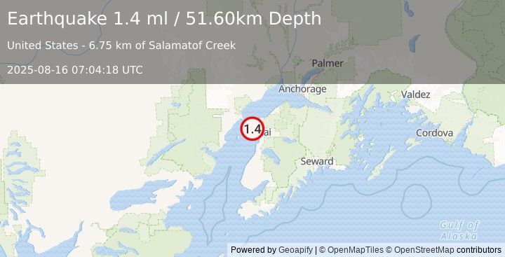 Earthquake 7 km W of Salamatof, Alaska (1.4 ml) (2025-08-16 07:04:18 UTC)