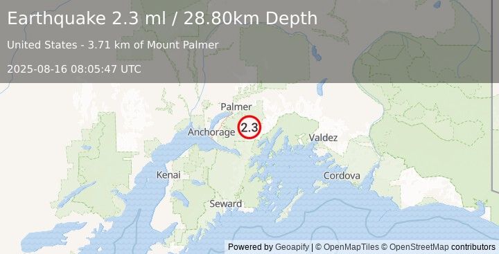 Earthquake 22 km SSE of Knik River, Alaska (2.3 ml) (2025-08-16 08:05:47 UTC)
