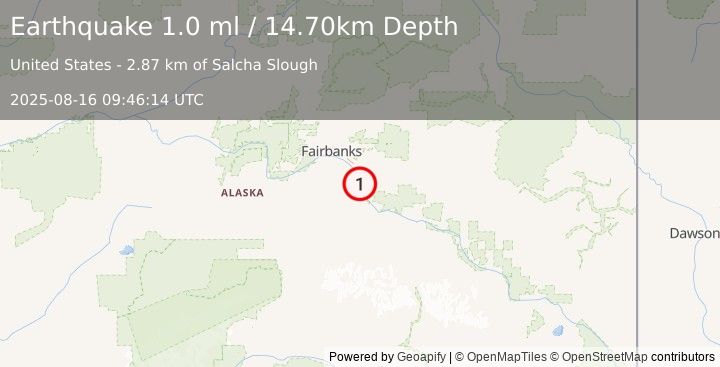 Earthquake 9 km W of Salcha, Alaska (1.0 ml) (2025-08-16 09:46:14 UTC)